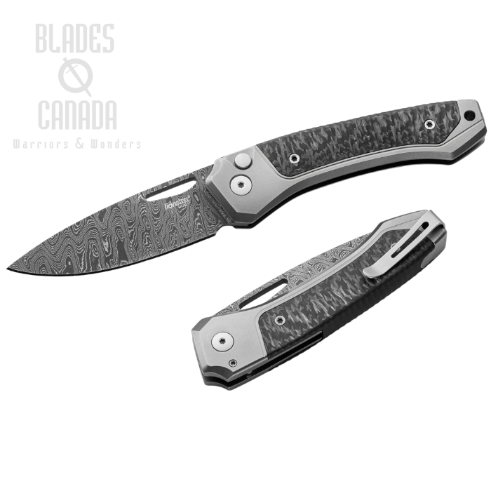 Lion Steel Twain Button Lock Folding Knife, Damascus, Titanium Gray/CF, TW D GY